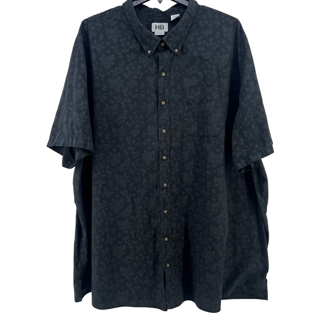 HB Fit by DXL Mens 5XLT Black Tonal Floral Short Sleeve Button Down Shirt Tall